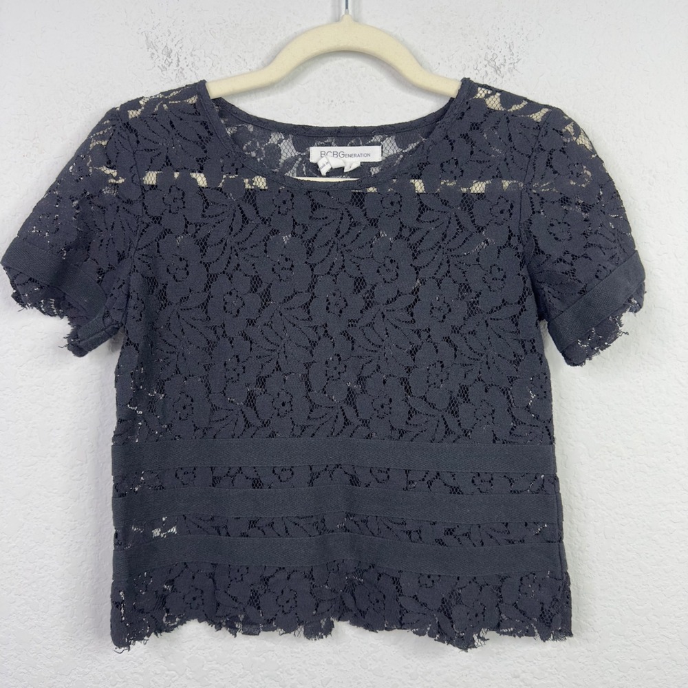 BCBGeneration Shirt Womens XS Black‎ Lace Floral Romantic Whimsigoth Y2K Boho